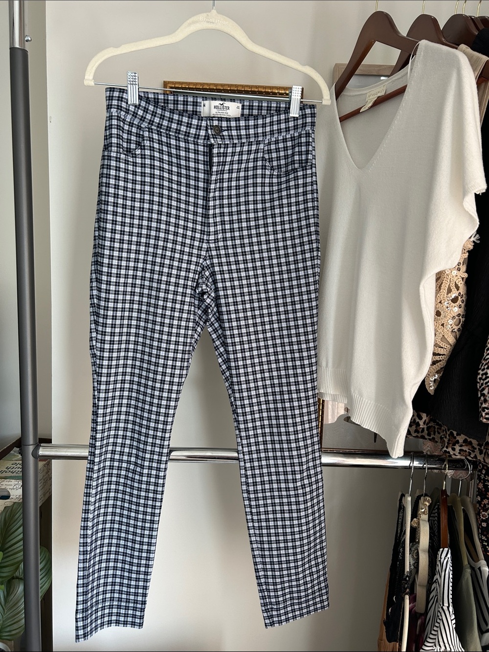 Hollister M Navy Checkered crop fitted stretch Dress Pants